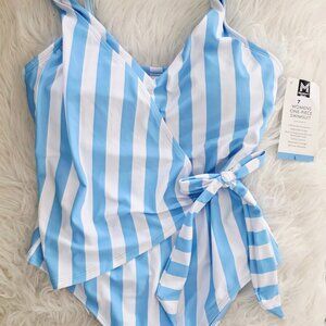 NWT Women's Member's Mark One-Piece Swimsuit, Blue Striped, Size L, Tummy Ctrl